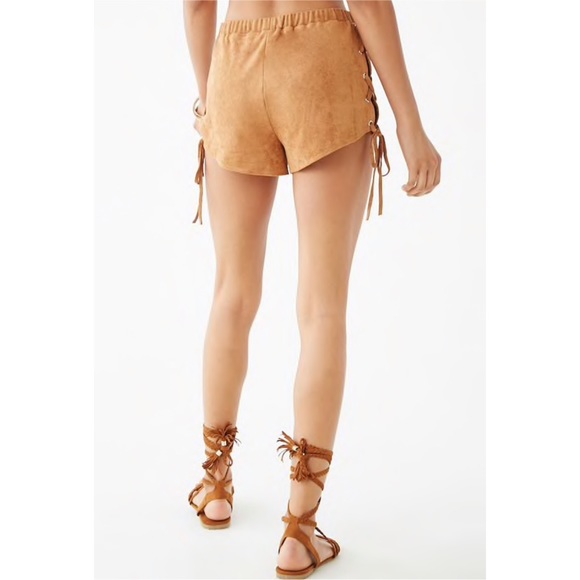 Camel Faux Suede Lace-Up Shorts - Picture 4 of 5